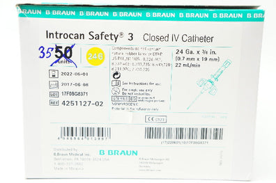 Braun 4251127-02 Introcan Safety 3 Closed IV Cath. 24G x 3/4inch - Box of 35